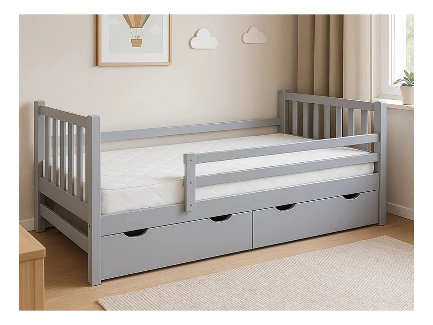 Jugendbett Tina 90x200 aus Holz mit Schubladen, Farbe grau