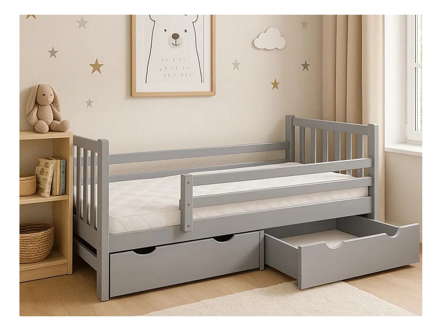 Jugendbett Tina 90x200 aus Holz mit Schubladen, Farbe grau