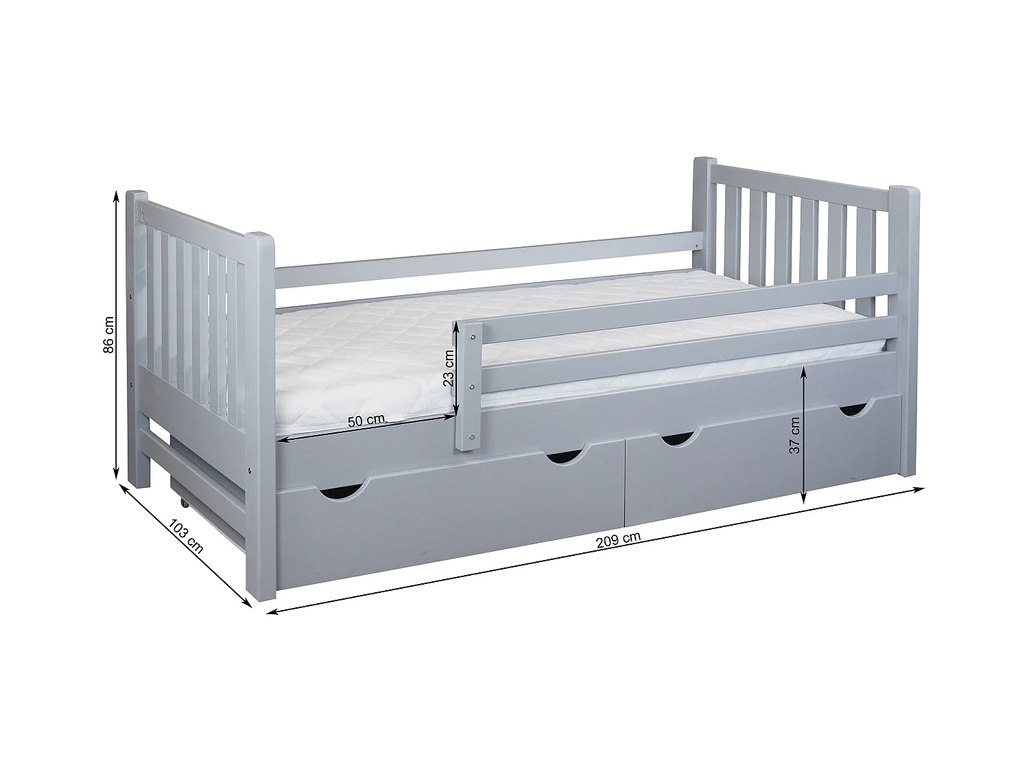 Jugendbett Tina 90x200 aus Holz mit Schubladen, Farbe grau