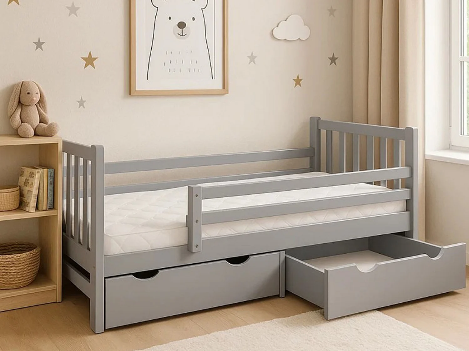 Tina 90x200 lit enfant en bois avec tiroirs, couleur gris