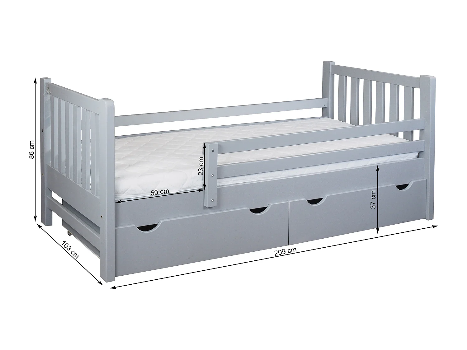 Tina 90x200 lit enfant en bois avec tiroirs, couleur gris