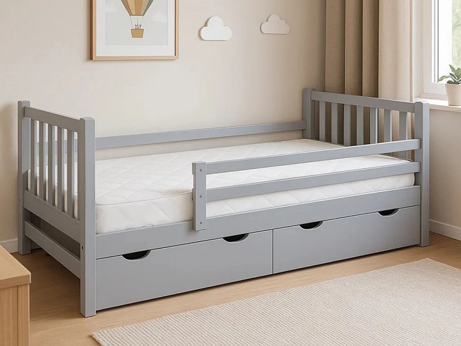 Tina 90x200 lit enfant en bois avec tiroirs, couleur gris