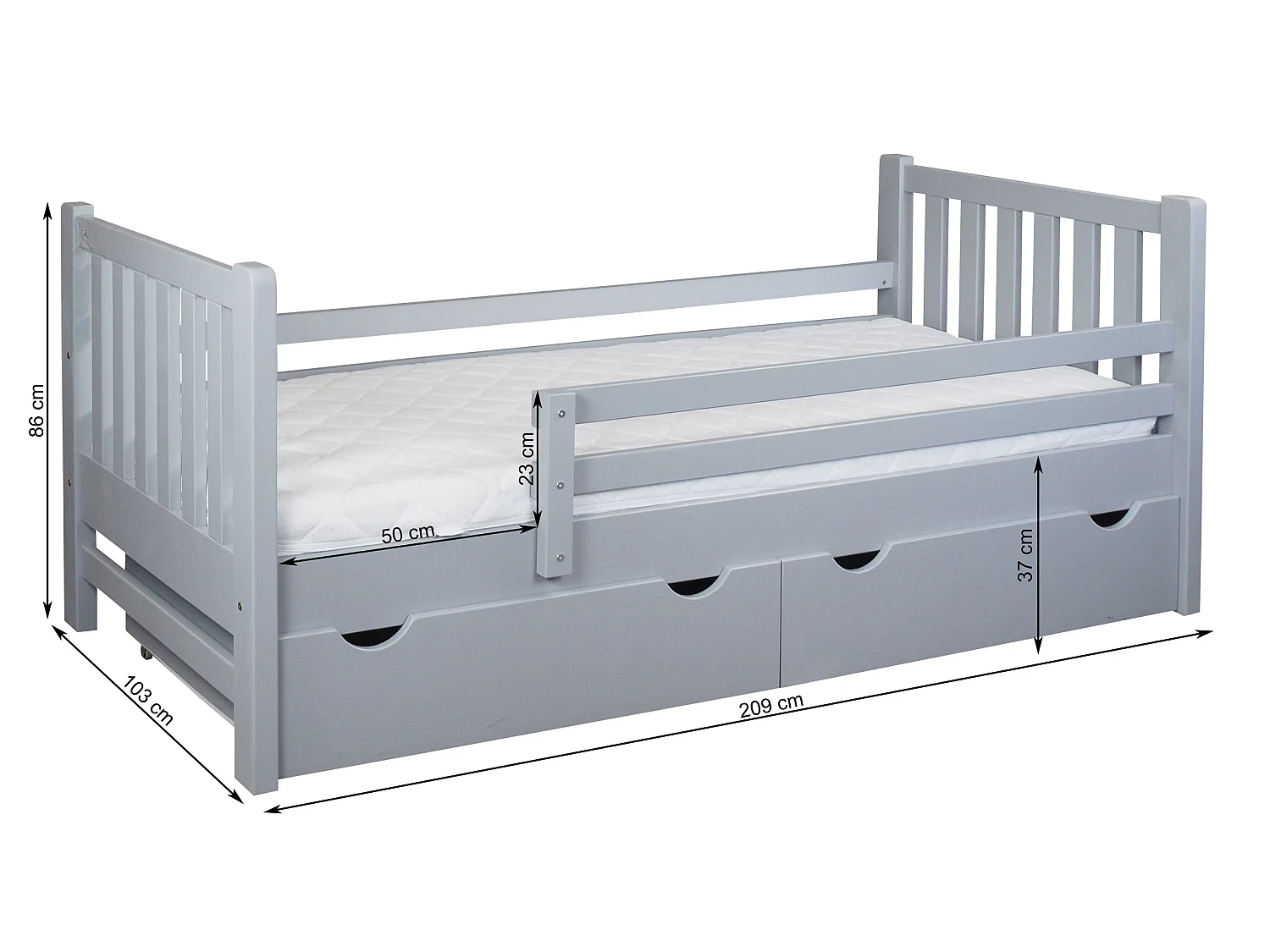 Tina 90x200 lit enfant en bois avec tiroirs, couleur gris