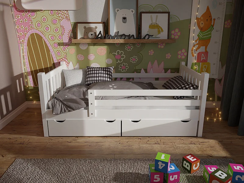 Jugendbett Tina 90x200 aus Holz mit Schubladen, Farbe weiß