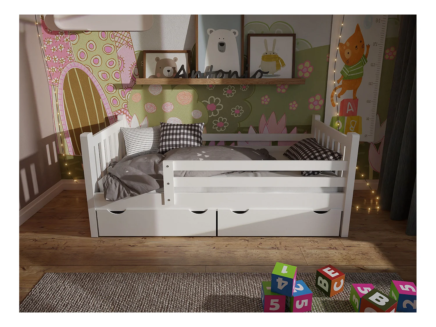 Jugendbett Tina 90x200 aus Holz mit Schubladen, Farbe weiß