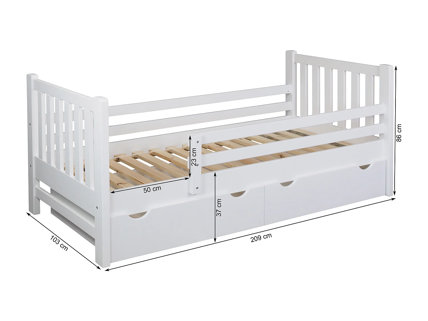 Jugendbett Tina 90x200 aus Holz mit Schubladen, Farbe weiß