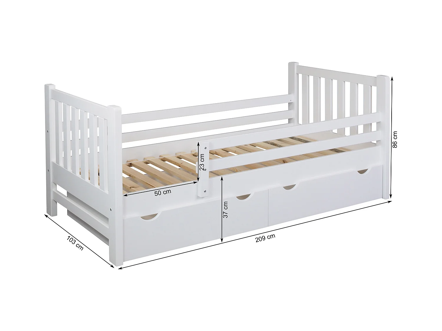 Tina 90x200 lit enfant en bois avec tiroirs, couleur blanc