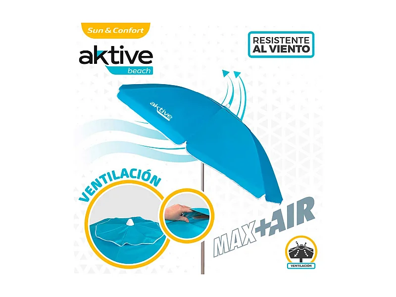 Sombrilla redonda Aktive Beach Air Max flexible protección UV50 azul Ø200 cm