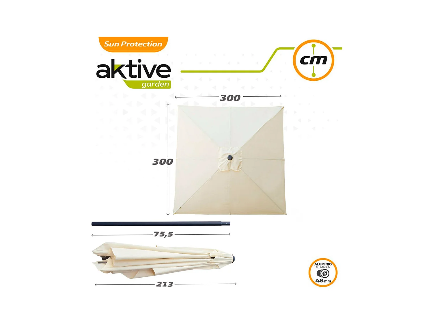 Sombrilla cuadrada Aktive Garden con poleas protección UV50 crema 300x300 cm