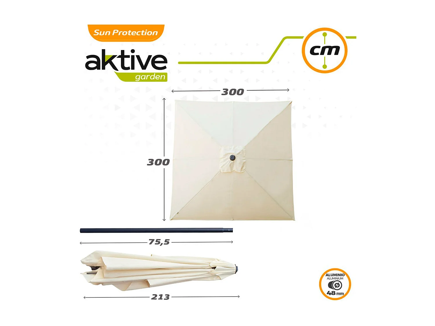 Sombrilla cuadrada Aktive Garden con poleas protección UV50 crema 300x300 cm