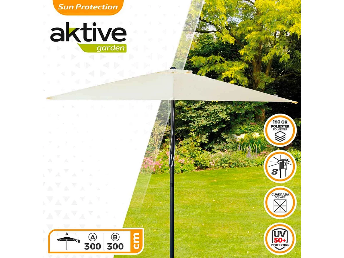 Sombrilla cuadrada Aktive Garden con poleas protección UV50 crema 300x300 cm