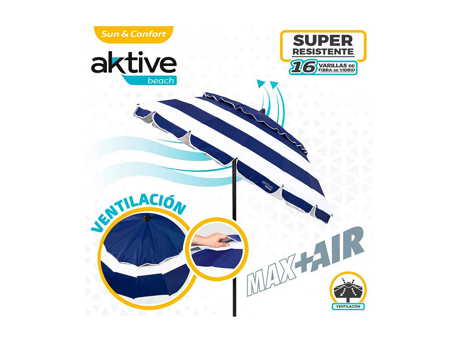 Sombrilla Aktive Beach altura regulable protección UV50 azul/blanco Ø220 cm