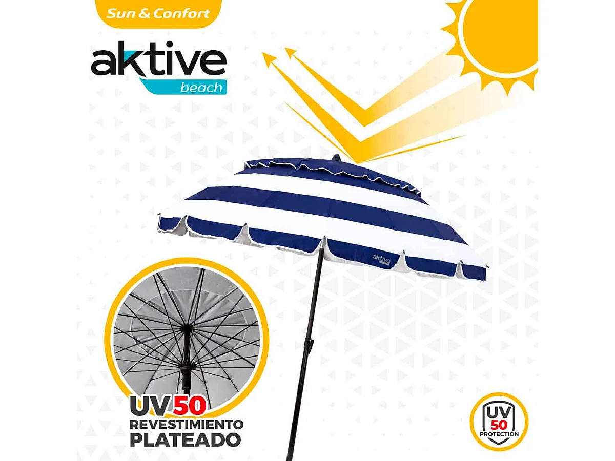 Sombrilla Aktive Beach altura regulable protección UV50 azul/blanco Ø220 cm