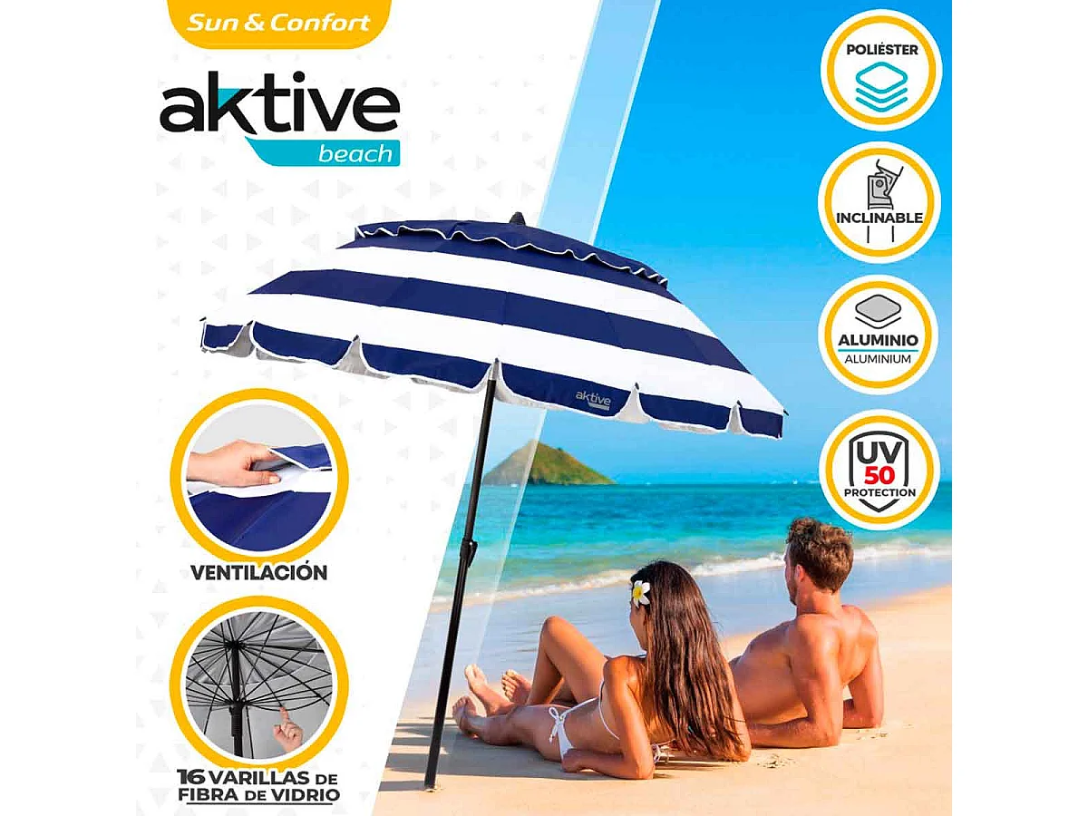 Sombrilla Aktive Beach altura regulable protección UV50 azul/blanco Ø220 cm