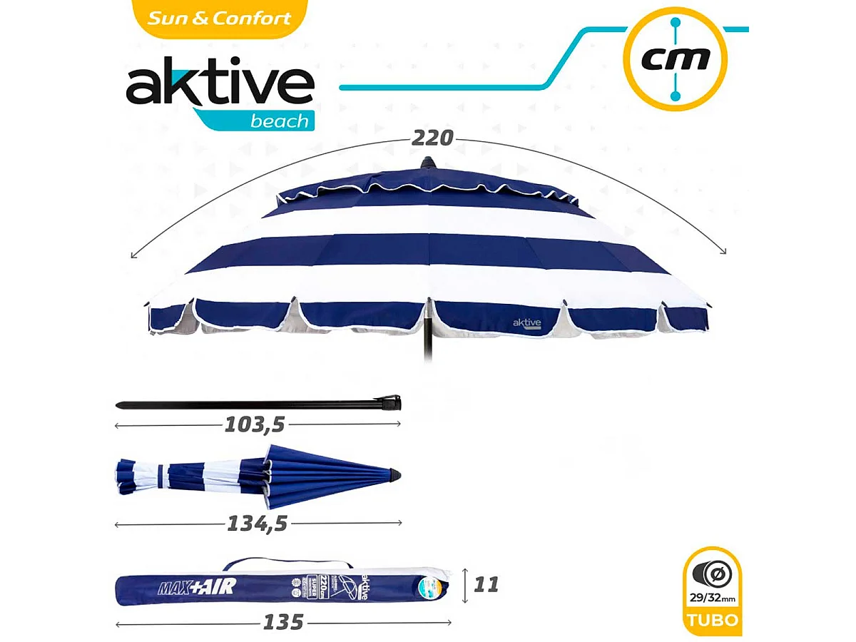 Sombrilla Aktive Beach altura regulable protección UV50 azul/blanco Ø220 cm