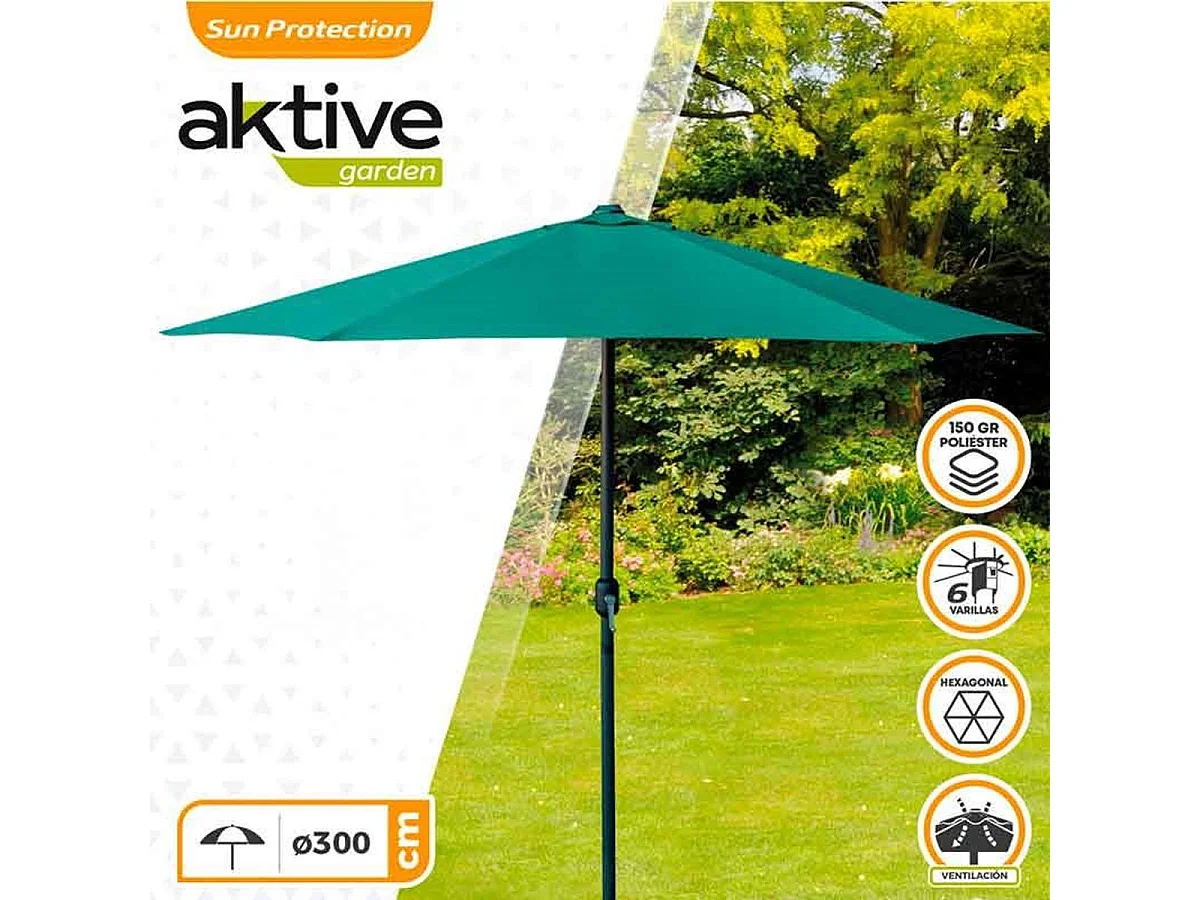 Parasol hexagonal Aktive Garden con manivela verde Ø300x245 cm