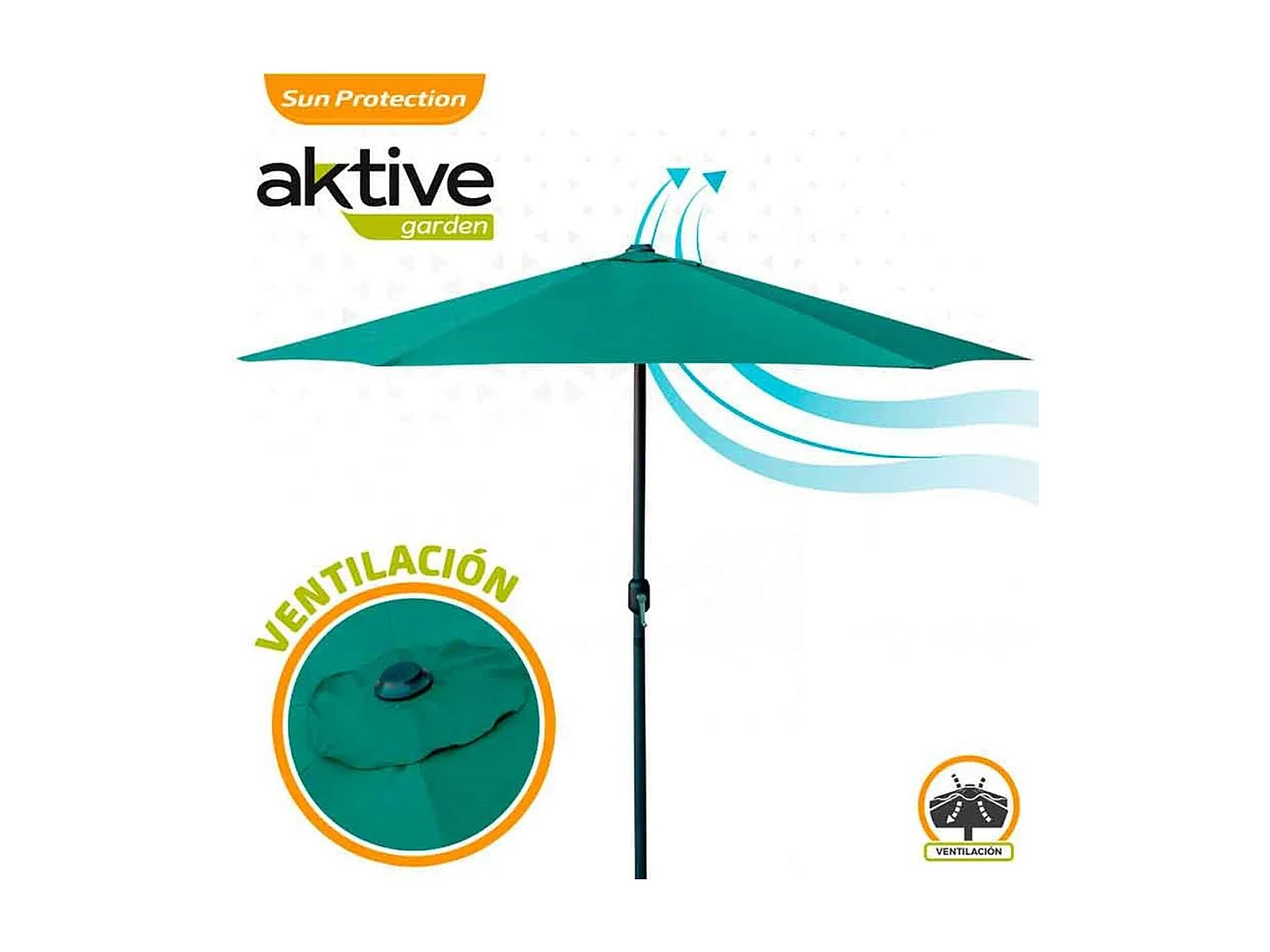 Parasol hexagonal Aktive Garden con manivela verde Ø300x245 cm