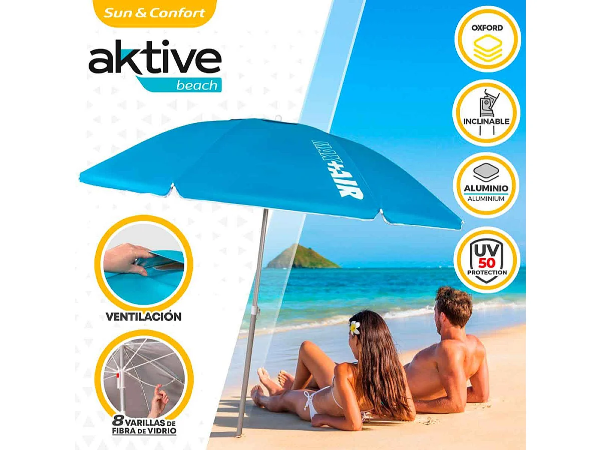 Sombrilla Air Max Aktive Beach altura regulable protección UV50 azul Ø220 cm