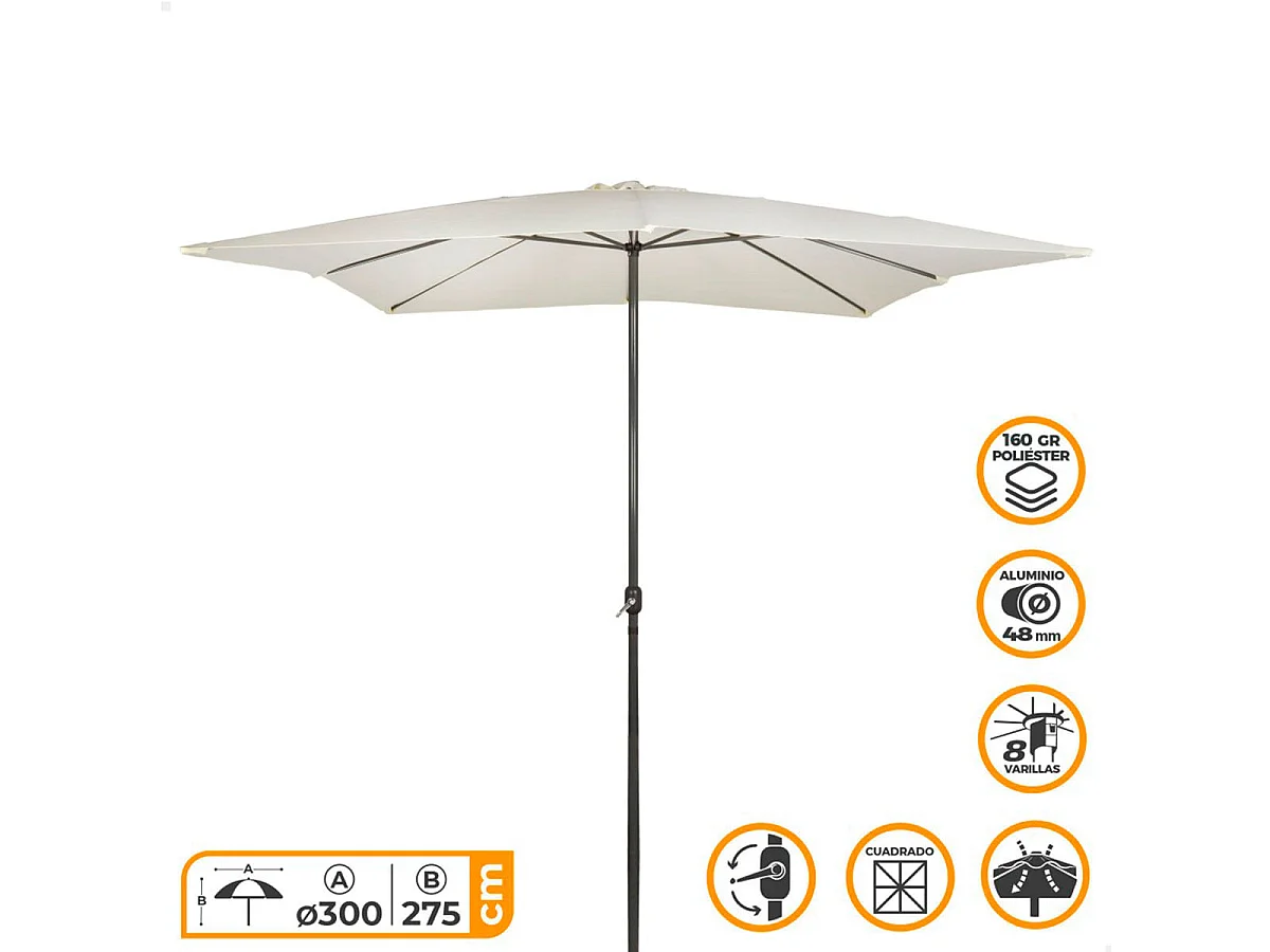 Sombrilla cuadrada Aktive Garden con doble techo mastil aluminio Ø48 mm crema 275x300x300 cm