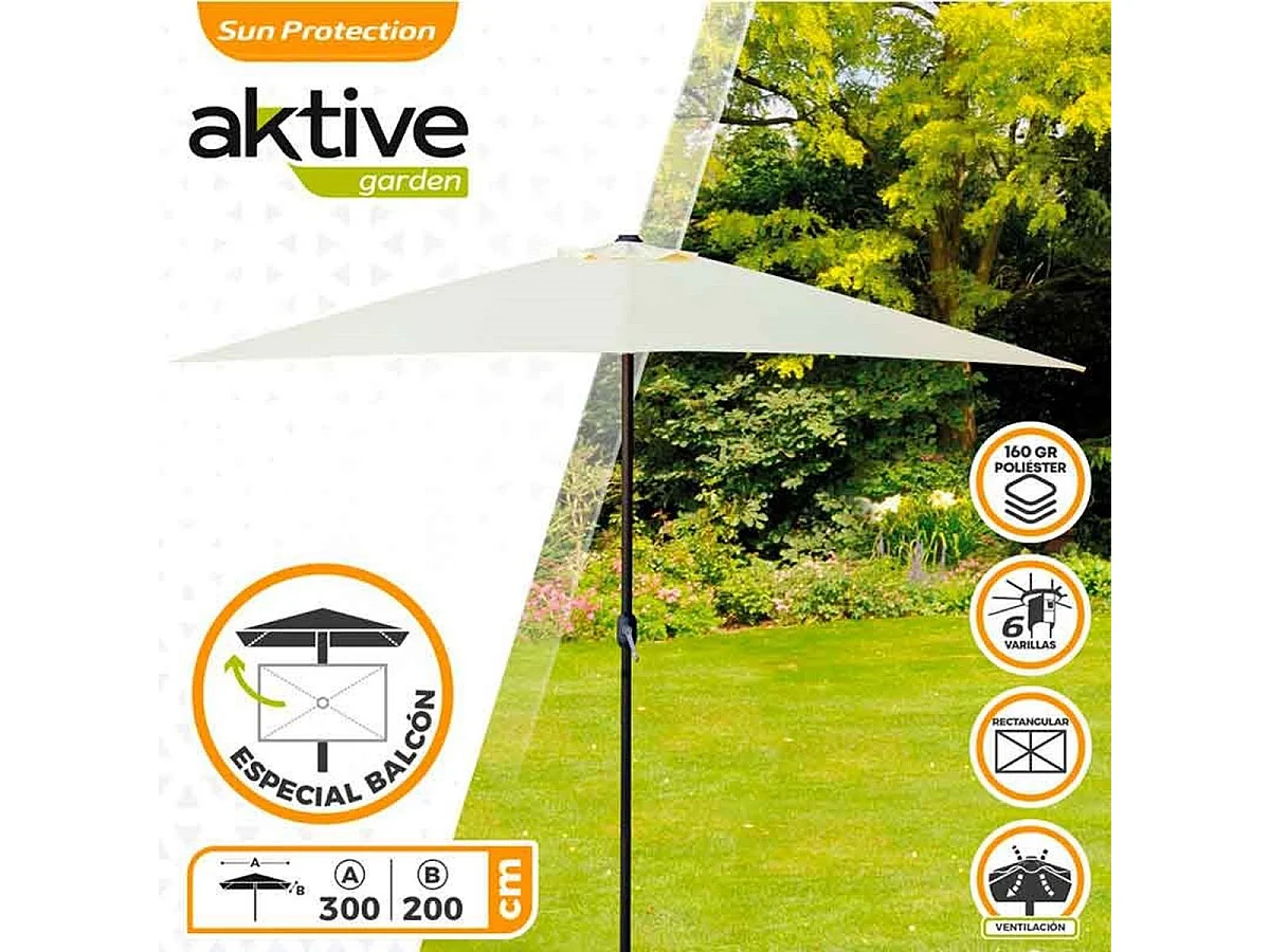 Parasol rectangular Aktive Garden con manivela crema 245x300x200 cm
