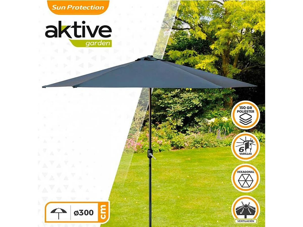 Parasol hexagonal Aktive Garden con manivela antracita Ø300x245 cm