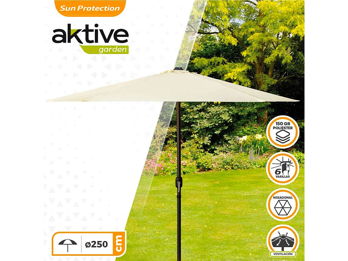 Parasol hexagonal Aktive Garden con chimenea y mástil de aluminio crema Ø250  cm