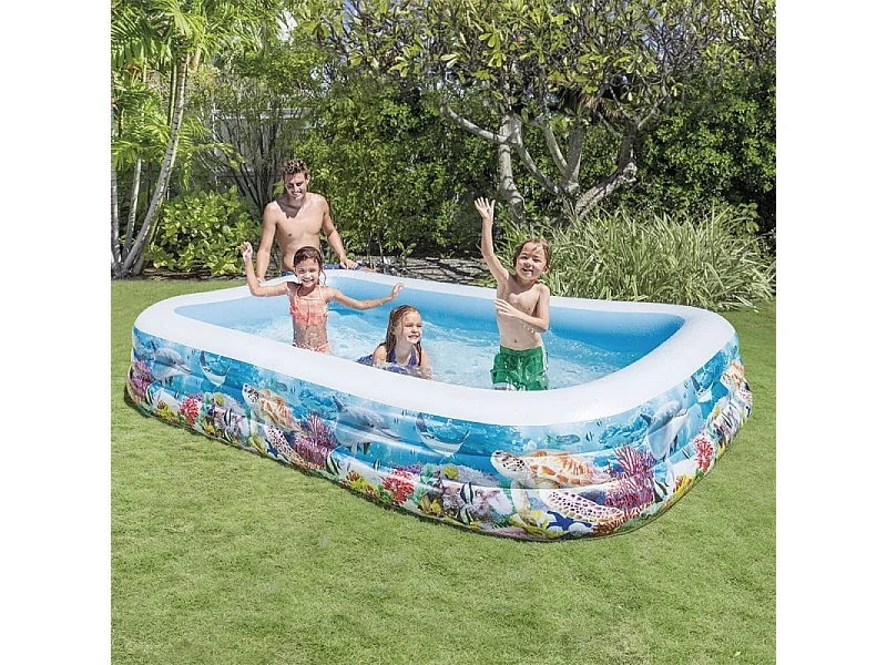 Rechthoekig Familie Zwembad Opblaasbaar 305x183x56 cm Multicolor Vissen Decor, Stevig PVC, 1000L