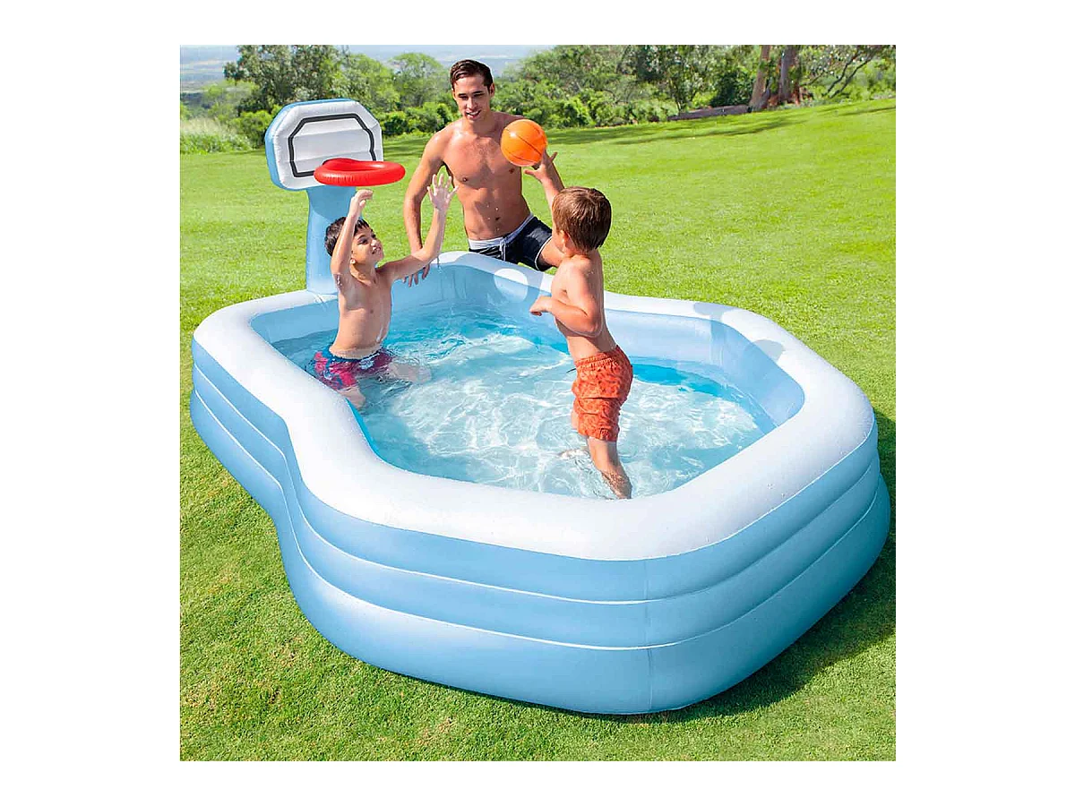 Piscina hinchable Intex con canasta de baloncesto y pelota 682L +3A azul/blanco 135x188x257 cm