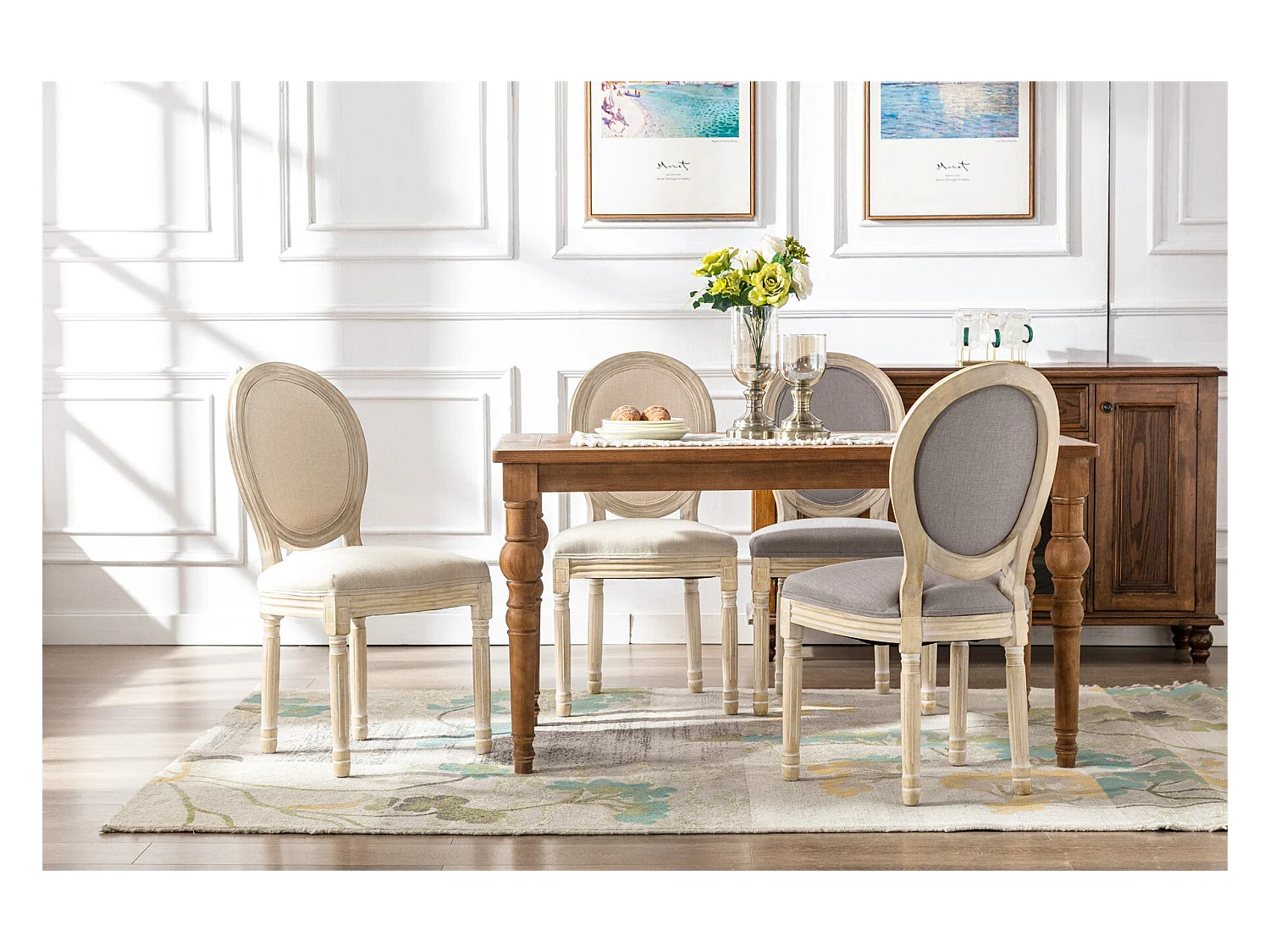 Silla de comedor barroca, sillas de comedor estilo francés, silla barroca Louis, silla tapizada, juego de 2 sillas de cocina de madera en beige