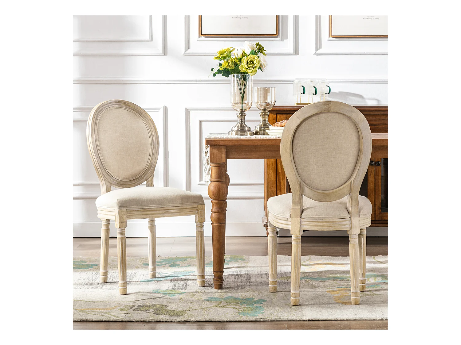 Silla de comedor barroca, sillas de comedor estilo francés, silla barroca Louis, silla tapizada, juego de 2 sillas de cocina de madera en beige