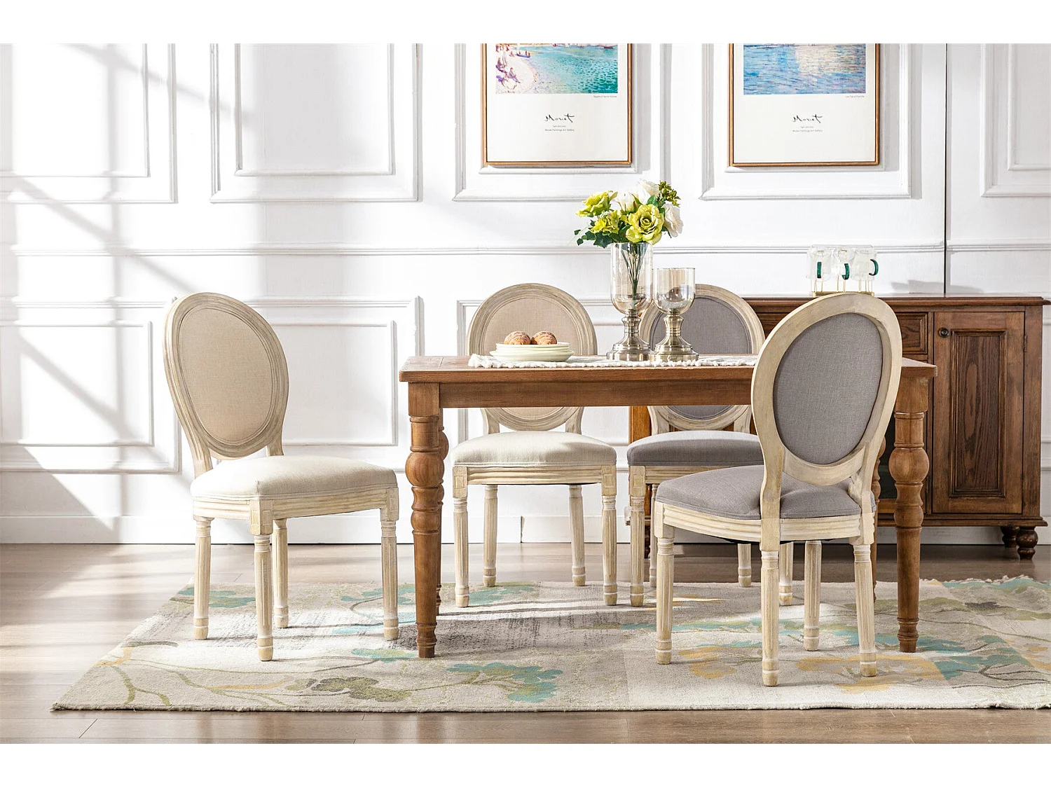 Silla de comedor barroca, sillas de comedor estilo francés, silla barroca Louis, silla tapizada, juego de 2 sillas de cocina de madera en beige