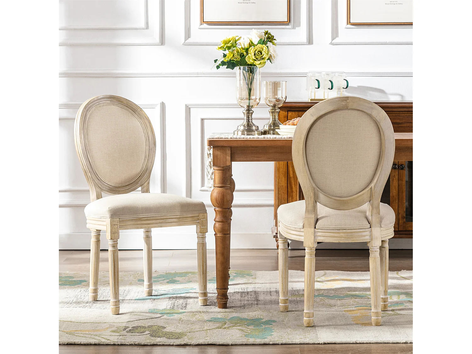 Silla de comedor barroca, sillas de comedor estilo francés, silla barroca Louis, silla tapizada, juego de 2 sillas de cocina de madera en beige