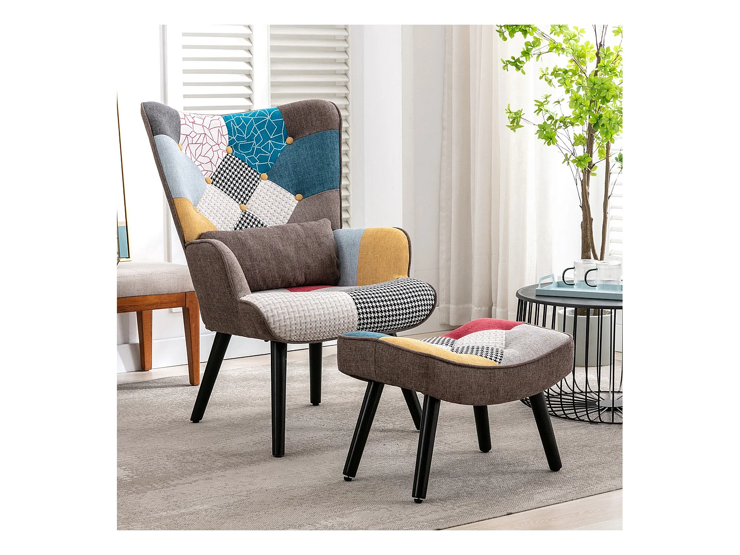 Sillón relajante con taburete Sillón patchwork sillón de madera salón, sillón de TV moderno sillón de lino patas de madera maciza