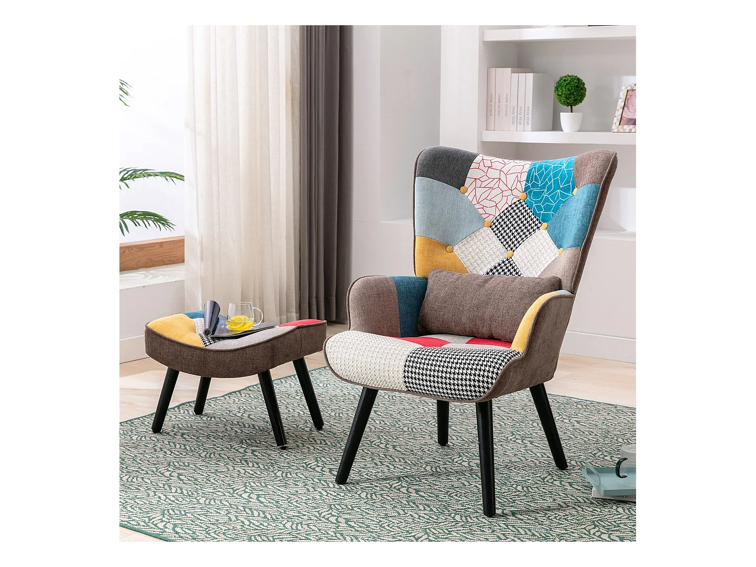 Sillón relajante con taburete Sillón patchwork sillón de madera salón, sillón de TV moderno sillón de lino patas de madera maciza