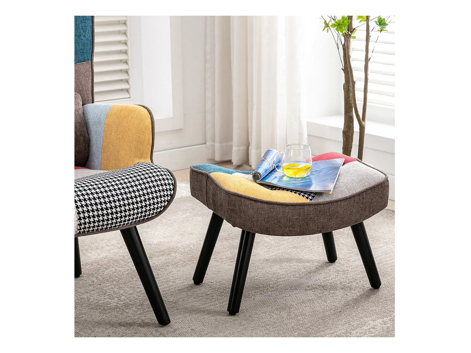 Sillón relajante con taburete Sillón patchwork sillón de madera salón, sillón de TV moderno sillón de lino patas de madera maciza