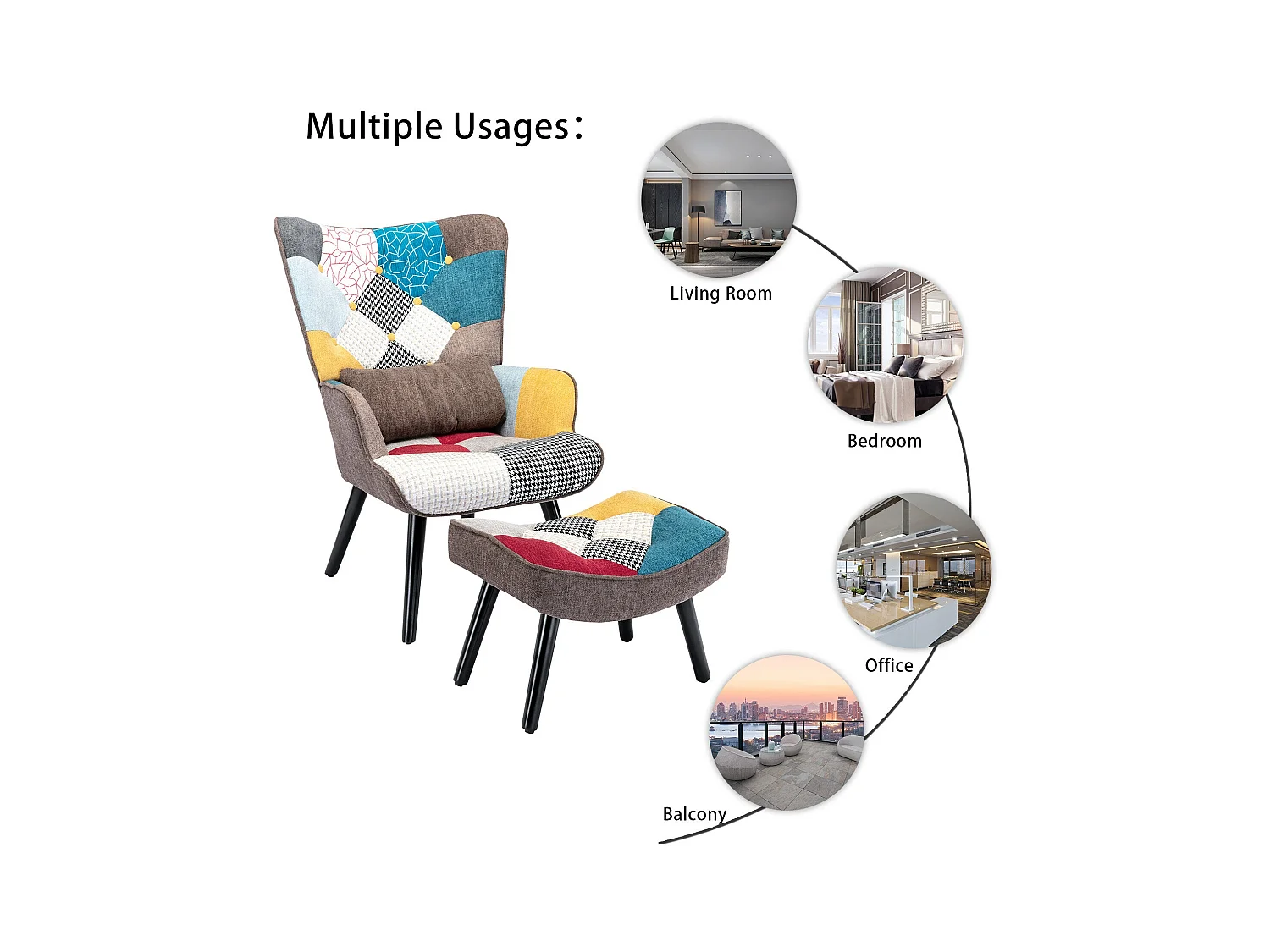 Sillón relajante con taburete Sillón patchwork sillón de madera salón, sillón de TV moderno sillón de lino patas de madera maciza