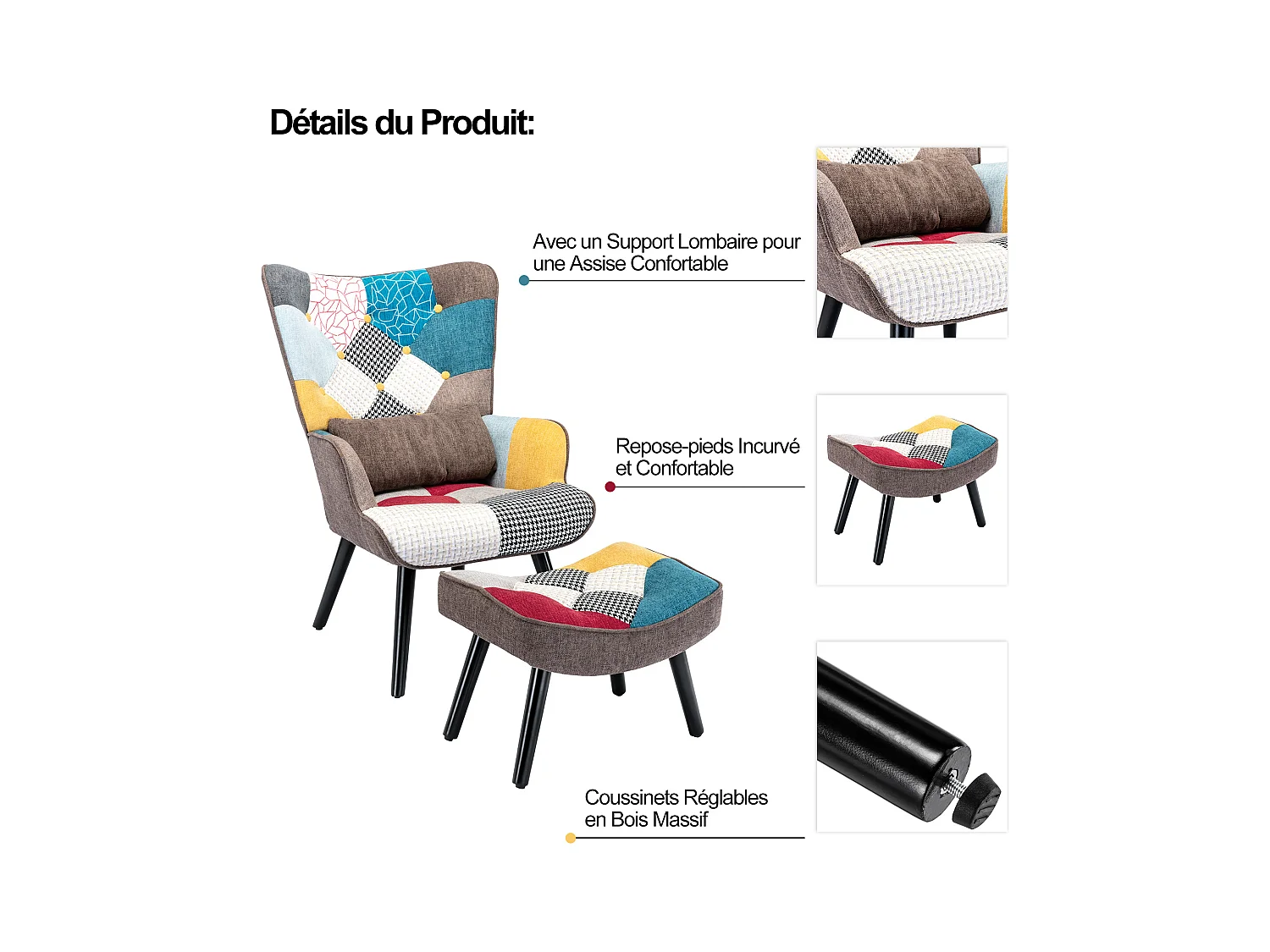 Sillón relajante con taburete Sillón patchwork sillón de madera salón, sillón de TV moderno sillón de lino patas de madera maciza