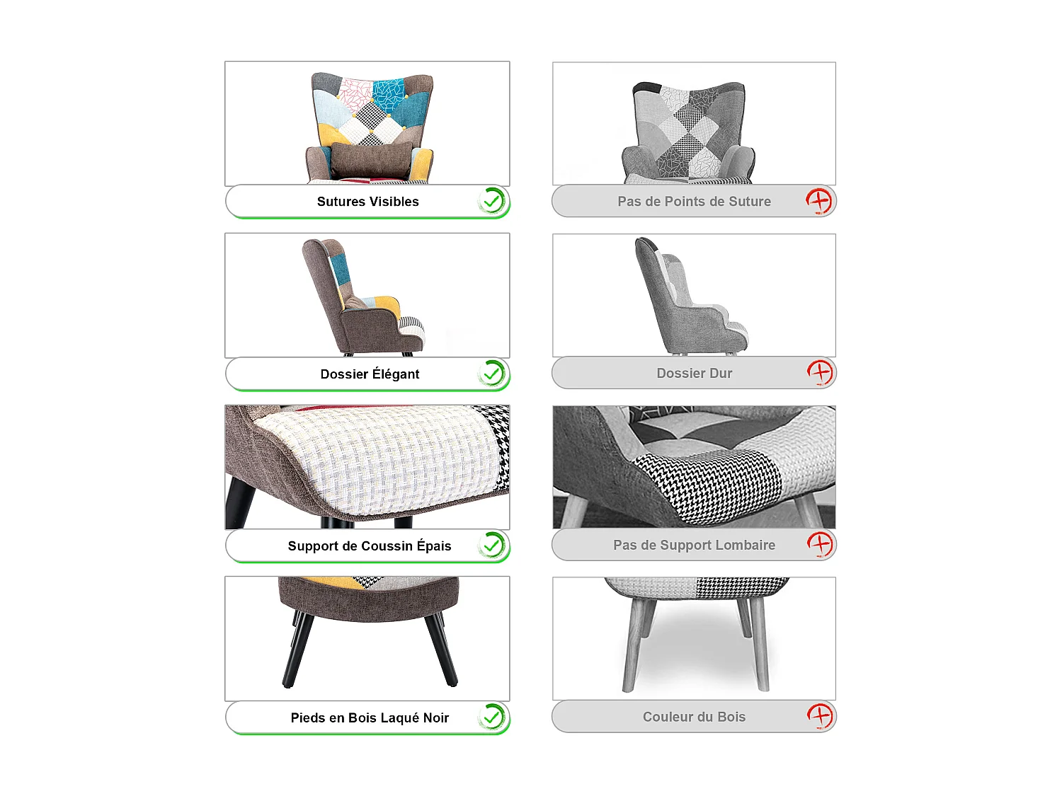 Sillón relajante con taburete Sillón patchwork sillón de madera salón, sillón de TV moderno sillón de lino patas de madera maciza