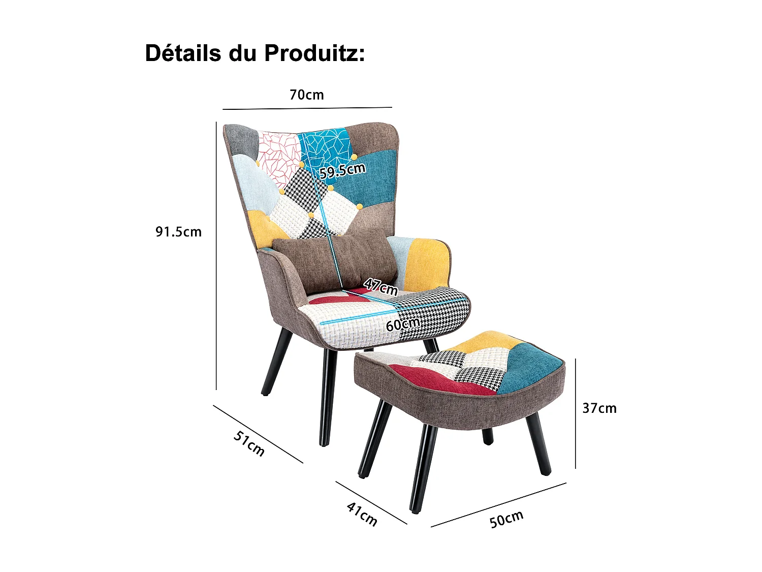 Sillón relajante con taburete Sillón patchwork sillón de madera salón, sillón de TV moderno sillón de lino patas de madera maciza