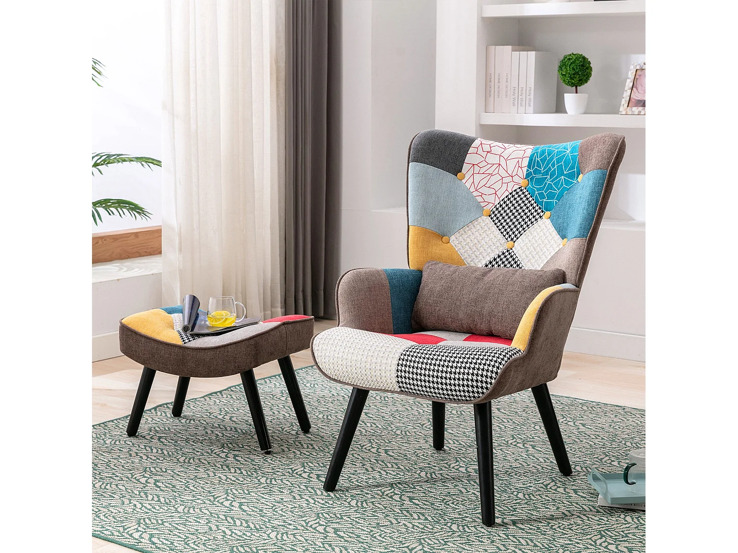 Sillón relajante con taburete Sillón patchwork sillón de madera salón, sillón de TV moderno sillón de lino patas de madera maciza