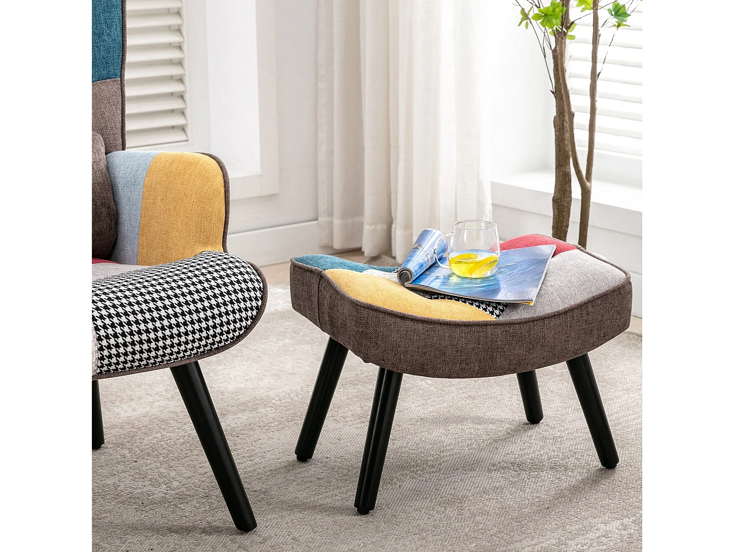 Sillón relajante con taburete Sillón patchwork sillón de madera salón, sillón de TV moderno sillón de lino patas de madera maciza