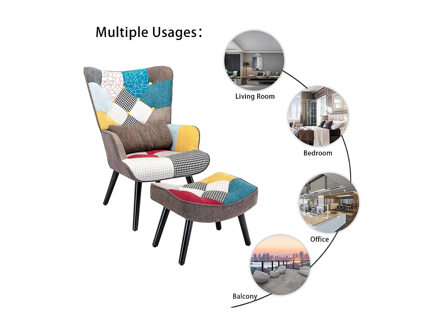 Sillón relajante con taburete Sillón patchwork sillón de madera salón, sillón de TV moderno sillón de lino patas de madera maciza