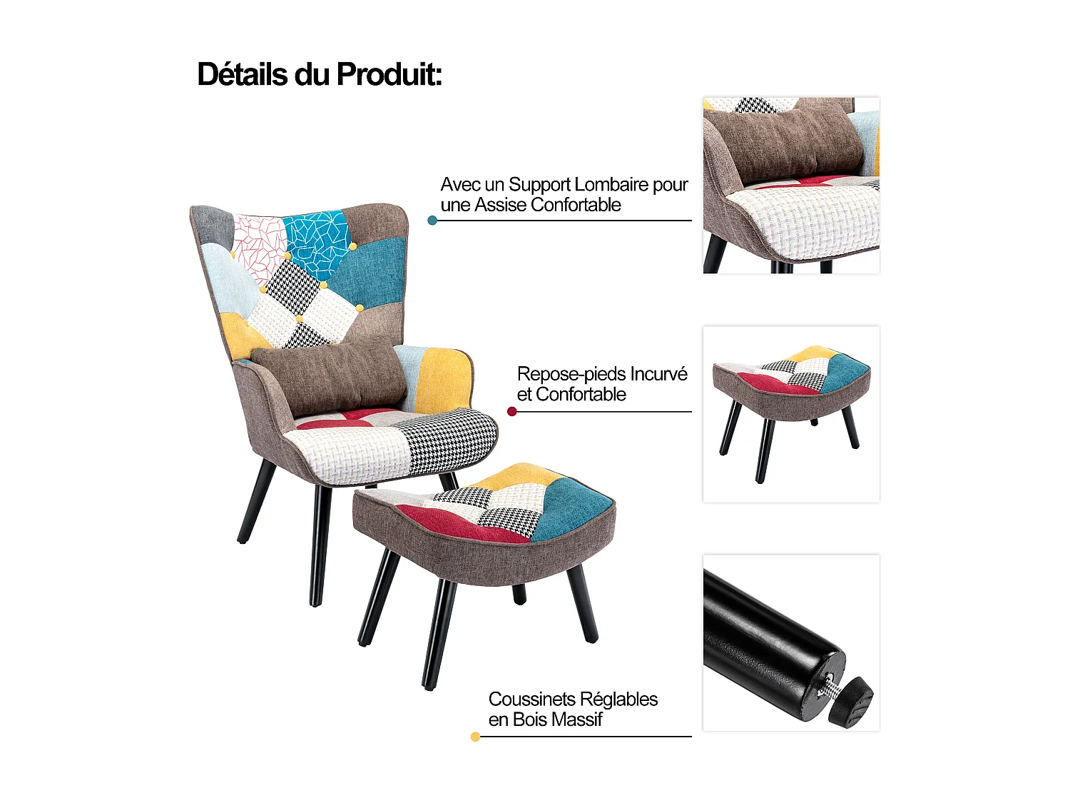 Sillón relajante con taburete Sillón patchwork sillón de madera salón, sillón de TV moderno sillón de lino patas de madera maciza