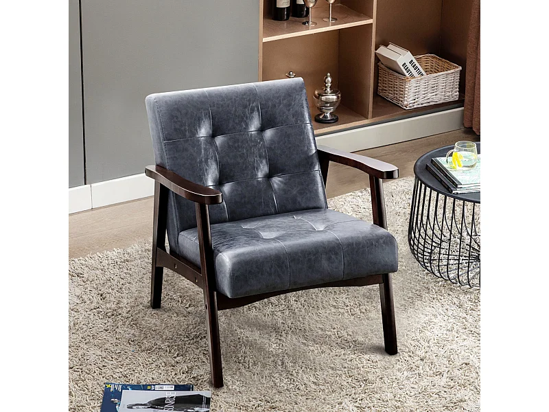 Sillón de madera sólida con diseño escandinavo moderno - gris de cuero natural hipoalergénico para sala de estar, oficina o dormitorio, dimensiones 67x76x76 cm