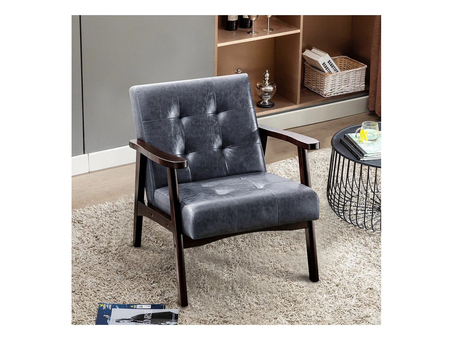 Sillón de madera sólida con diseño escandinavo moderno - gris de cuero natural hipoalergénico para sala de estar, oficina o dormitorio, dimensiones 67x76x76 cm