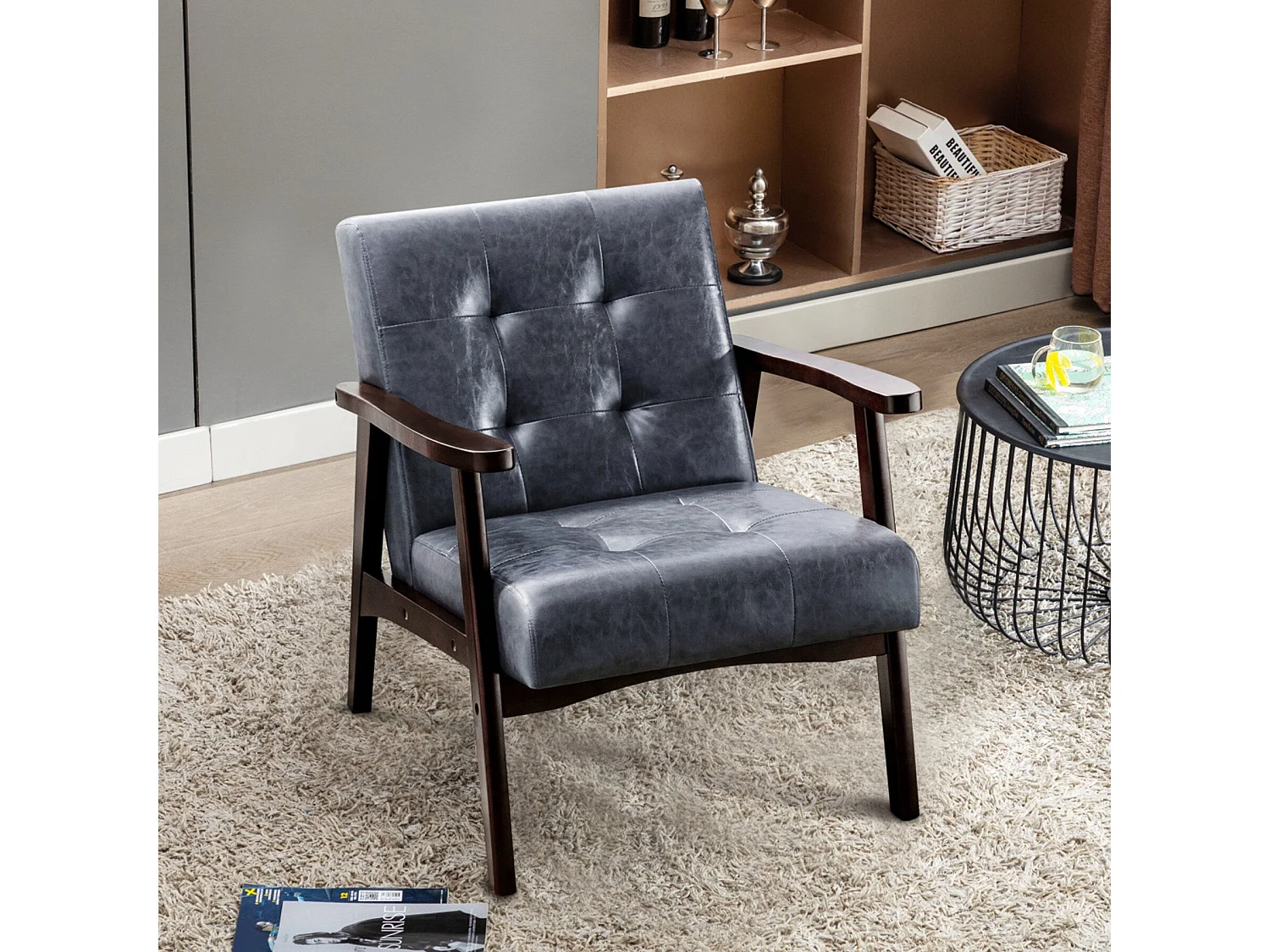 Sillón de madera sólida con diseño escandinavo moderno - gris de cuero natural hipoalergénico para sala de estar, oficina o dormitorio, dimensiones 67x76x76 cm
