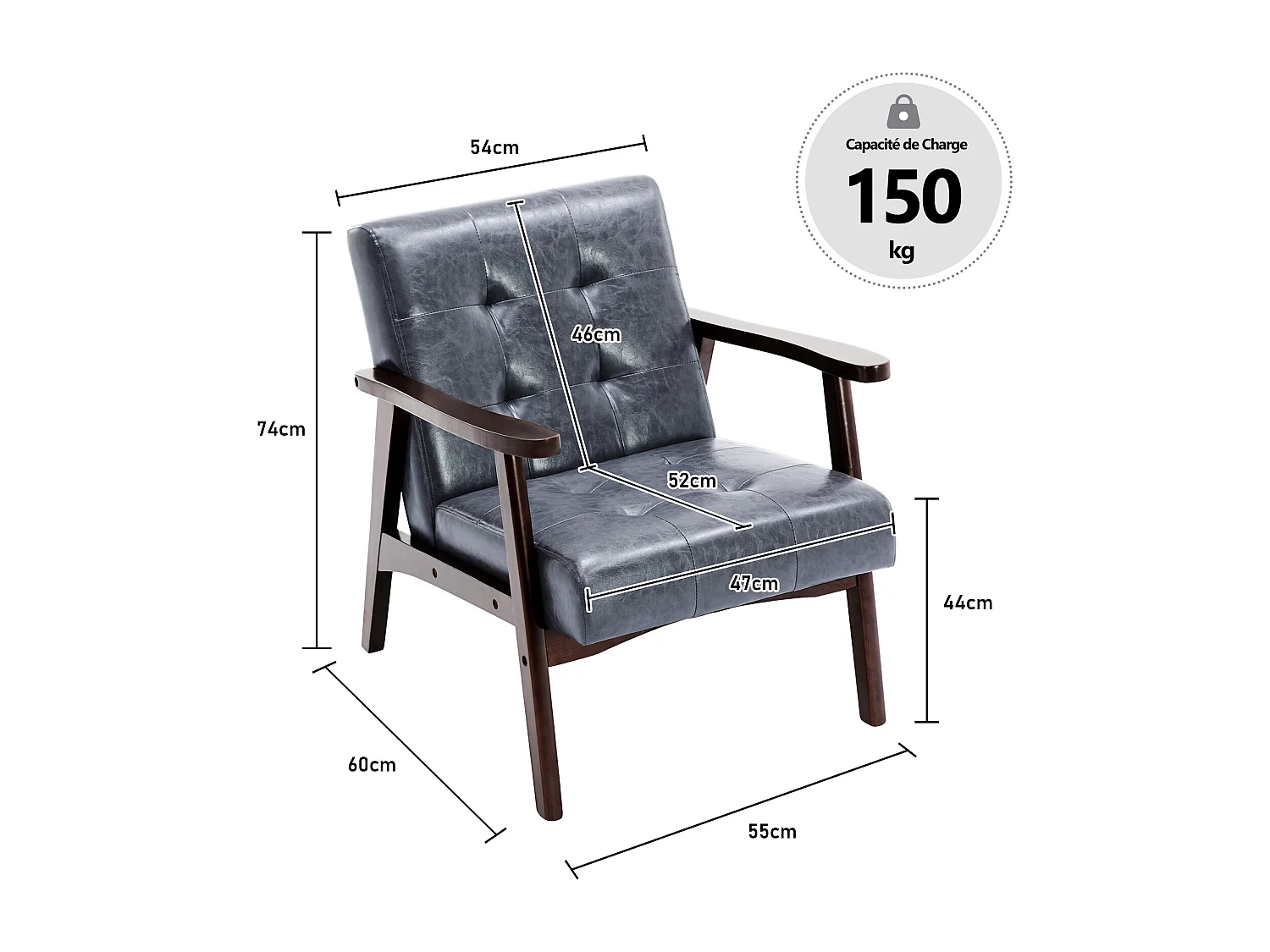 Sillón de madera sólida con diseño escandinavo moderno - gris de cuero natural hipoalergénico para sala de estar, oficina o dormitorio, dimensiones 67x76x76 cm