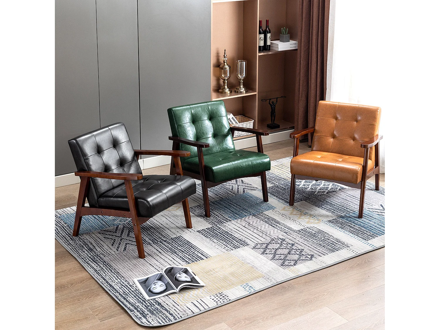 Sillón de madera sólida con diseño escandinavo moderno - gris de cuero natural hipoalergénico para sala de estar, oficina o dormitorio, dimensiones 67x76x76 cm