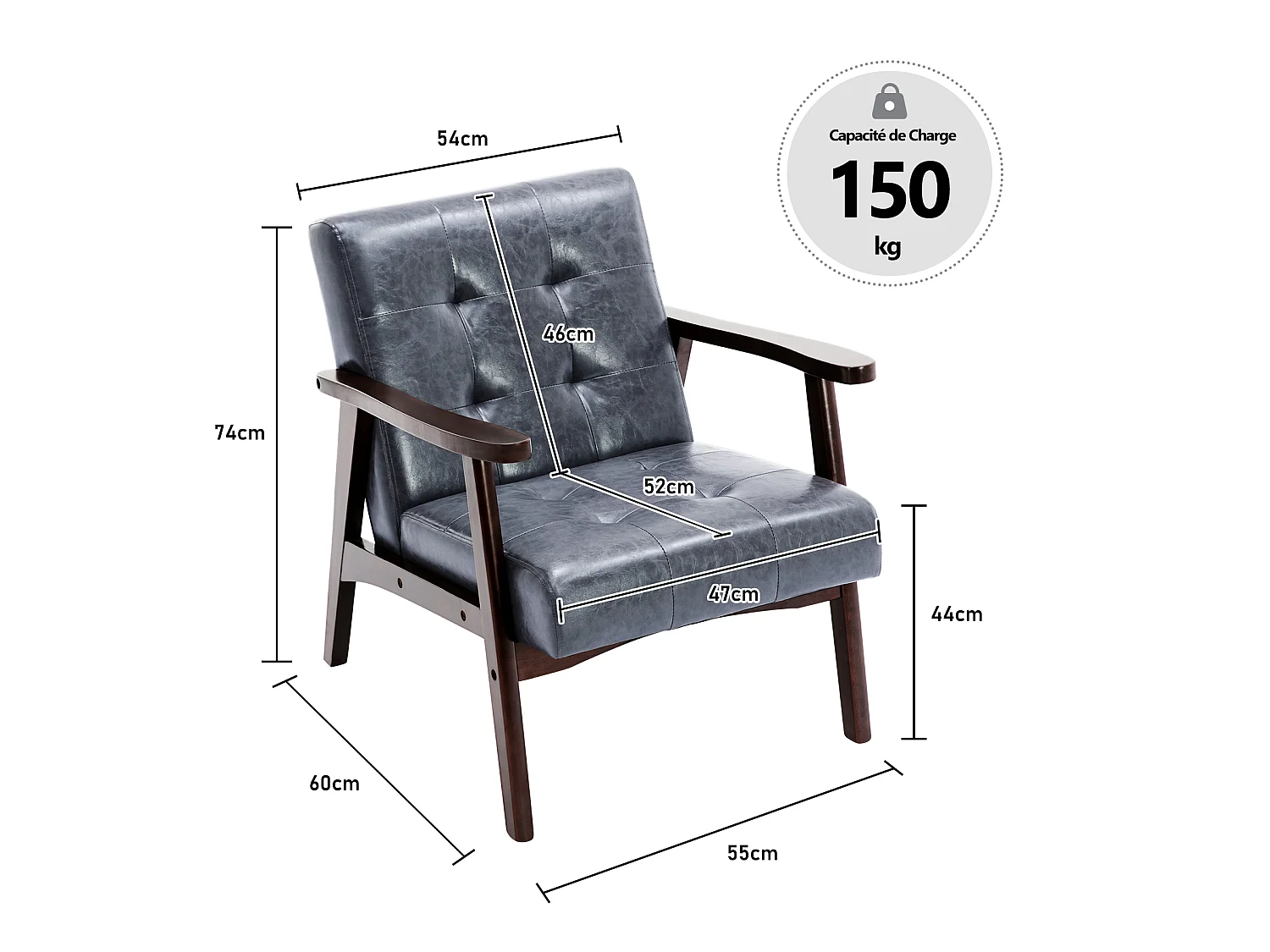 Sillón de madera sólida con diseño escandinavo moderno - gris de cuero natural hipoalergénico para sala de estar, oficina o dormitorio, dimensiones 67x76x76 cm