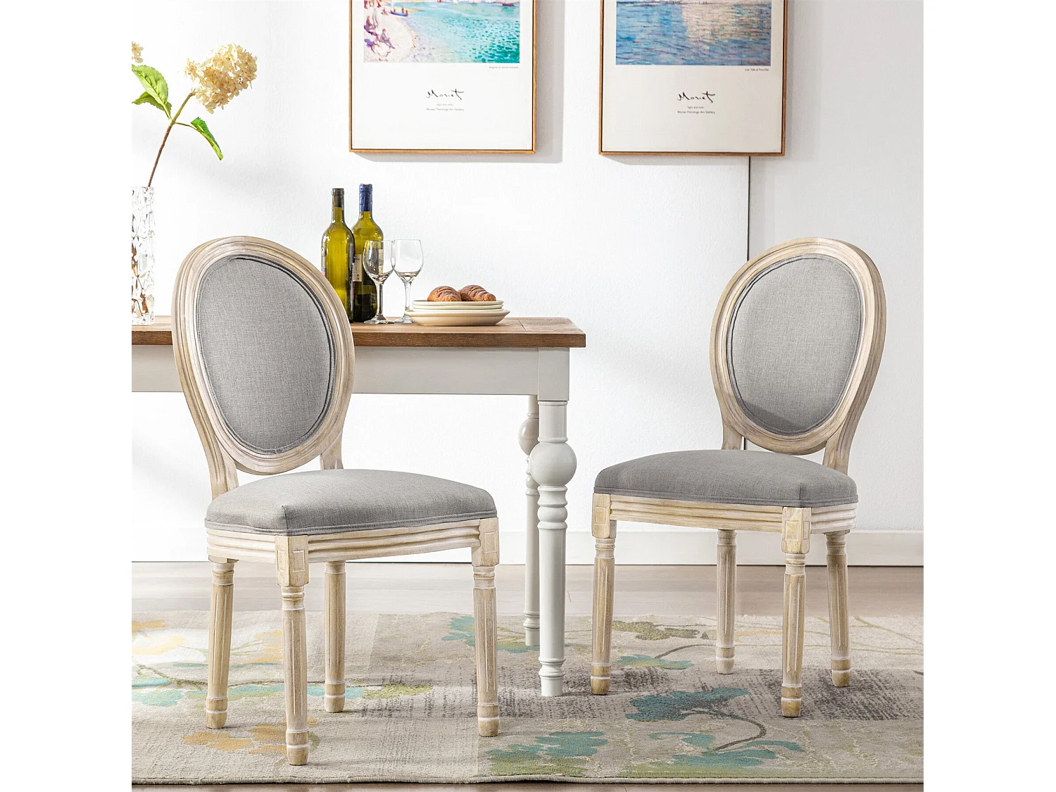 Silla de comedor barroca, sillas de comedor estilo rústico francés, silla barroca, silla tapizada, juego de 2 sillas de cocina de madera, color gris
